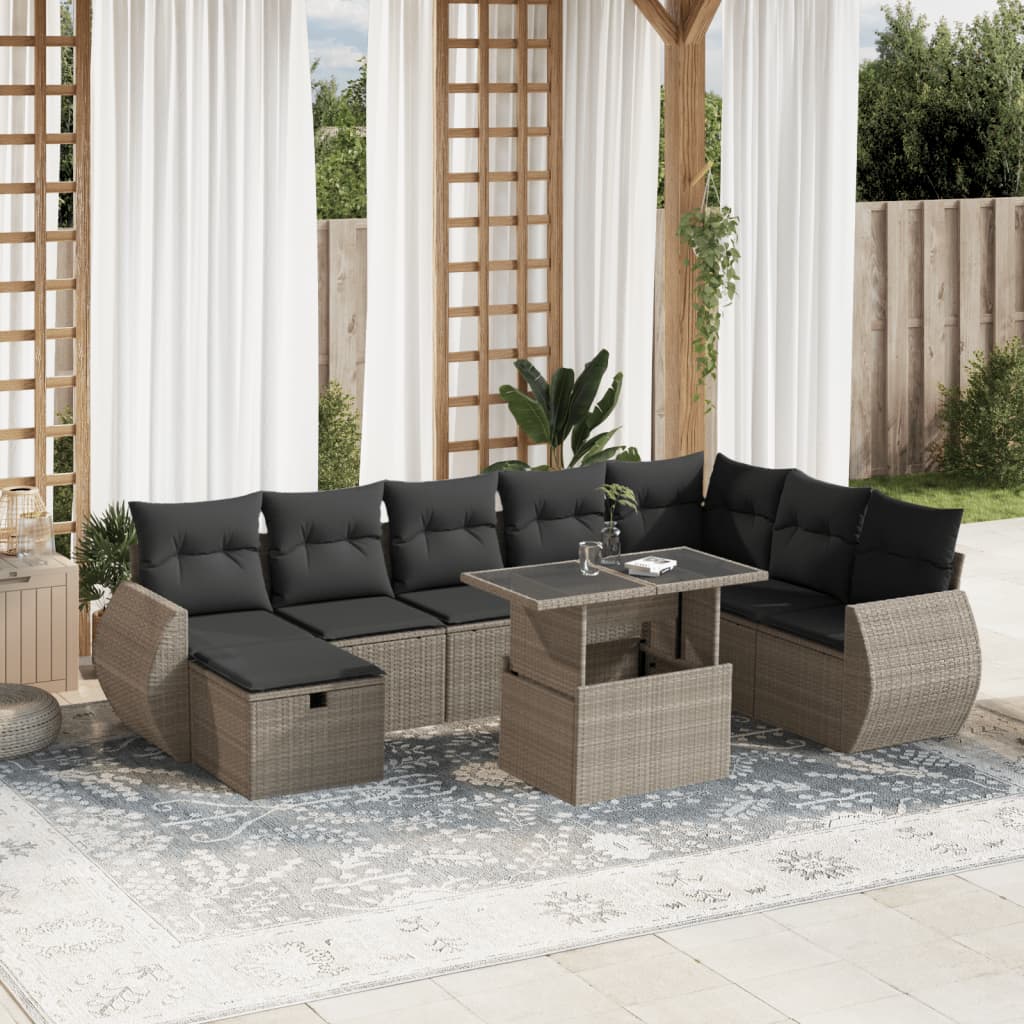 vidaXL Set Divano da Giardino 9pz con Cuscini Grigio Chiaro Polyrattan