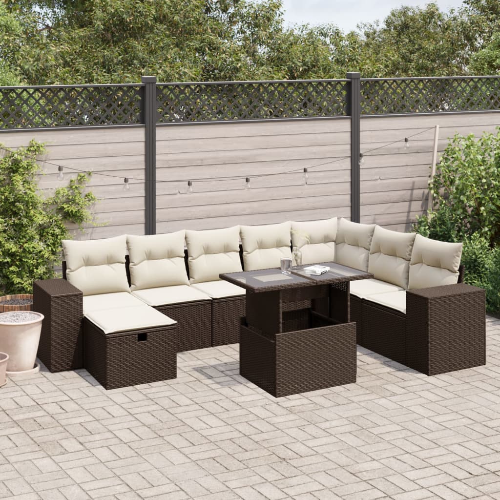 vidaXL Set Divani da Giardino 9pz con Cuscini Marrone in Polyrattan