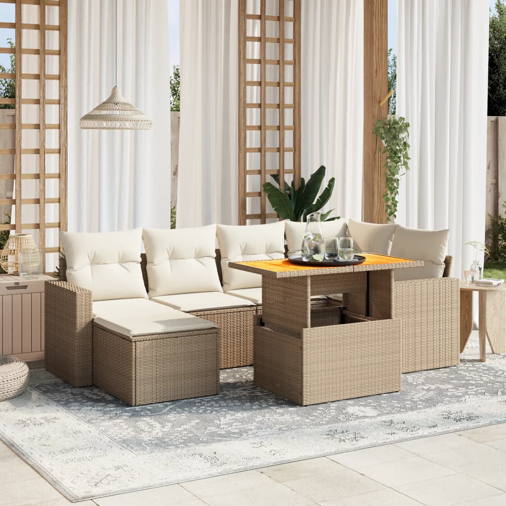 Set Divani da Giardino 7 pz con Cuscini Beige in Polyrattan