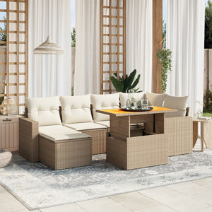 Set Divani da Giardino 7 pz con Cuscini Beige in Polyrattan