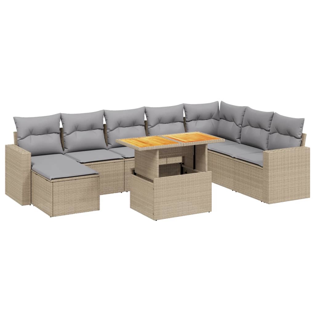 Set Divano da Giardino 9 pz con Cuscini Beige in Polyrattan