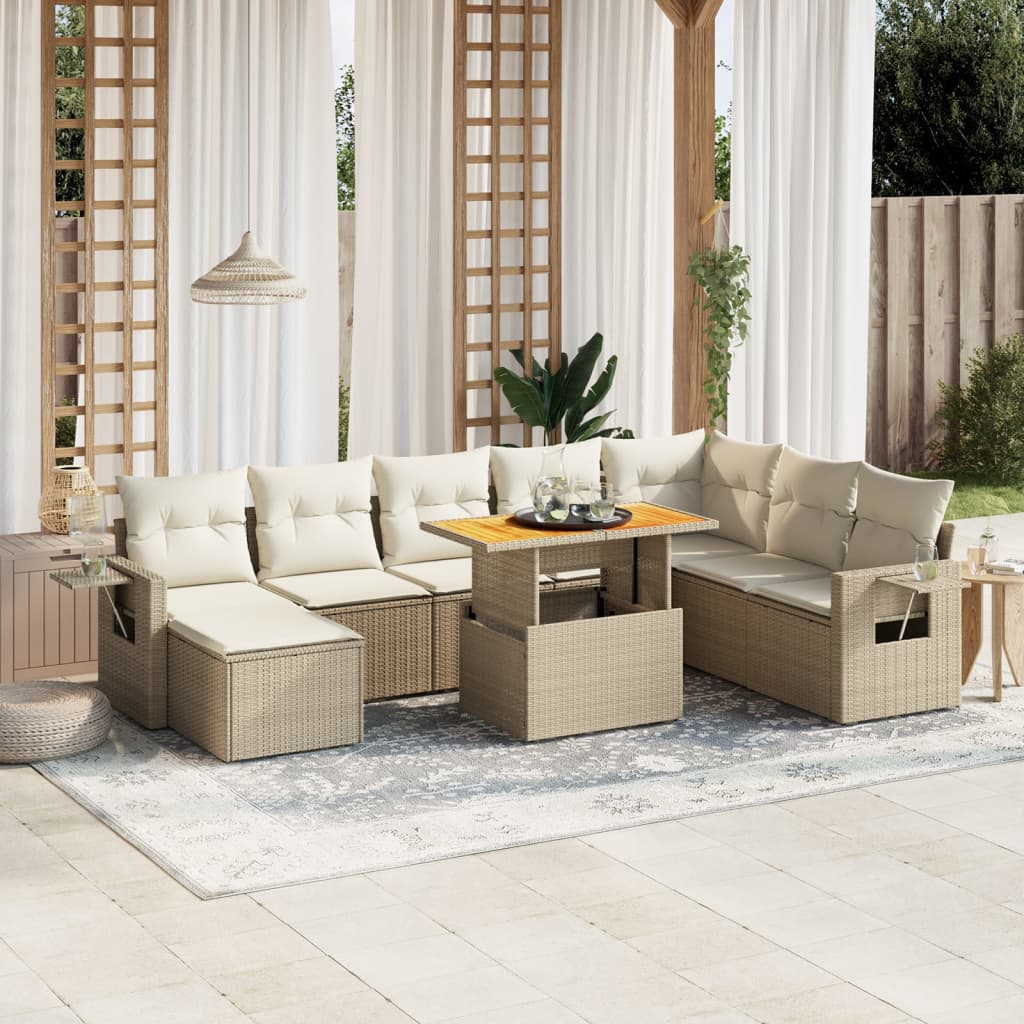 Set Divano da Giardino 9 pz con Cuscini Beige in Polyrattan