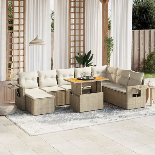 Set Divano da Giardino 9 pz con Cuscini Beige in Polyrattan