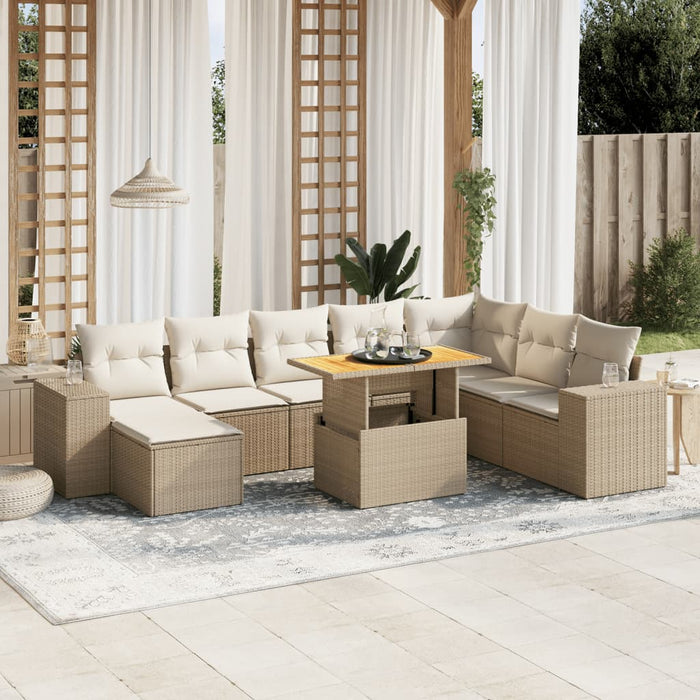 Set Divano da Giardino 9 pz con Cuscini Beige in Polyrattan