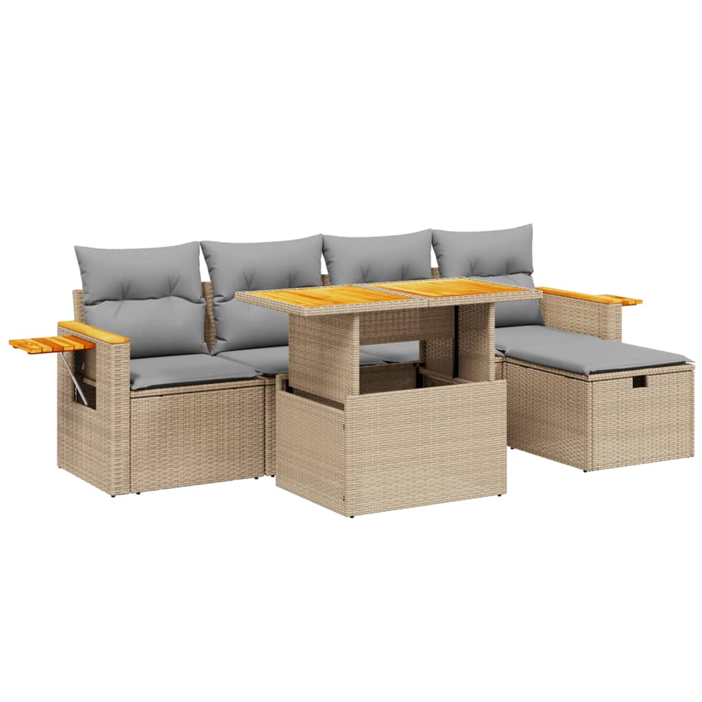 Set Divano da Giardino 6 pz con Cuscini Beige in Polyrattan