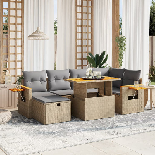 Set Divani da Giardino 7 pz con Cuscini Beige in Polyrattan