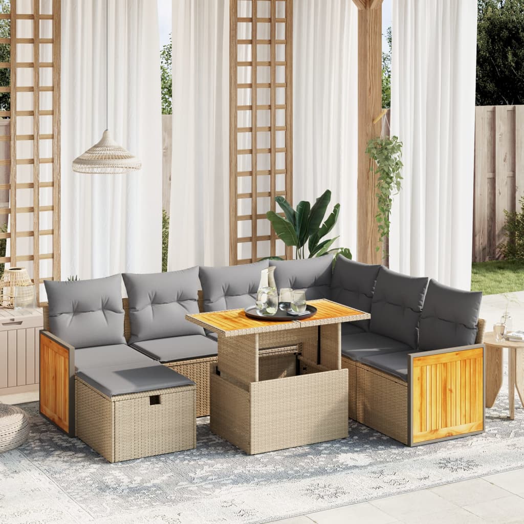 Set Divano da Giardino 8 pz con Cuscini Beige in Polyrattan