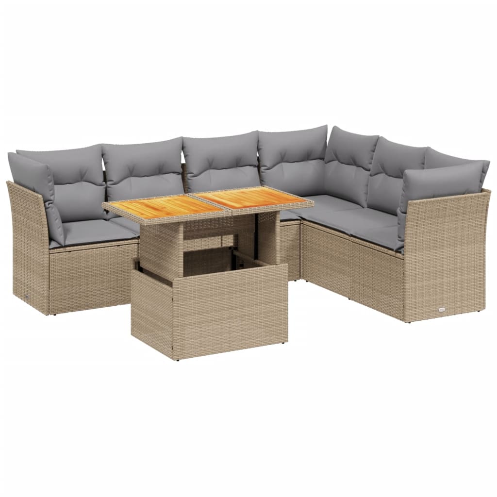 Set Divani da Giardino 7 pz con Cuscini Beige in Polyrattan