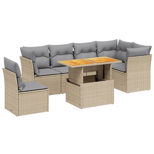 Set Divani da Giardino 7 pz con Cuscini Beige in Polyrattan
