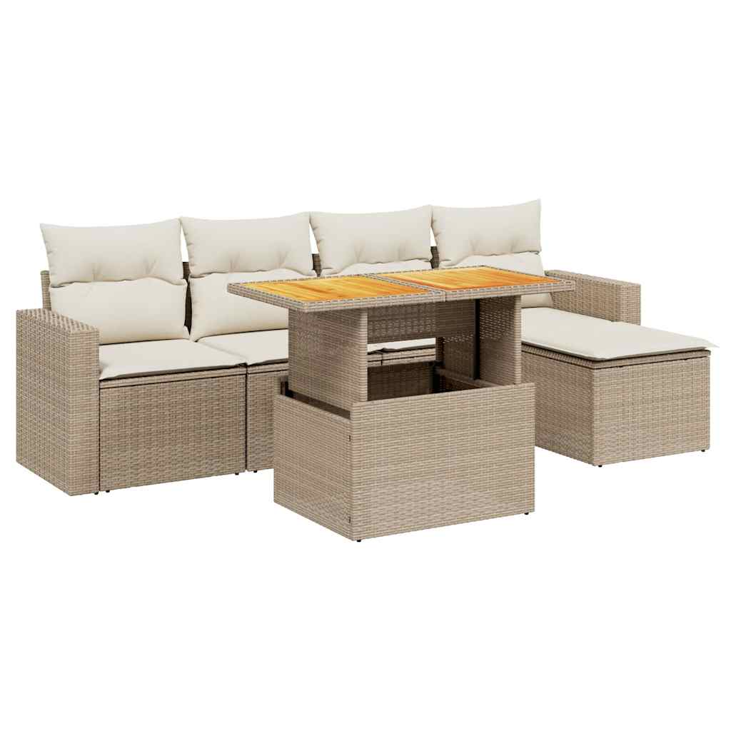 Set Divano da Giardino 6 pz con Cuscini Beige in Polyrattan