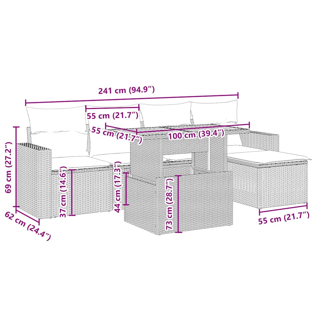 Set Divano da Giardino 6 pz con Cuscini Beige in Polyrattan