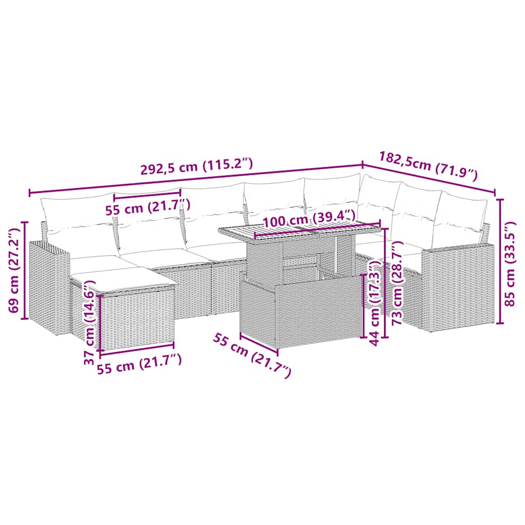Set Divano da Giardino 9 pz con Cuscini Beige in Polyrattan