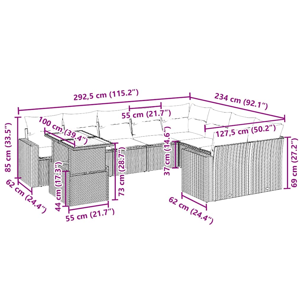 Set Divano da Giardino 10 pz con Cuscini Beige in Polyrattan