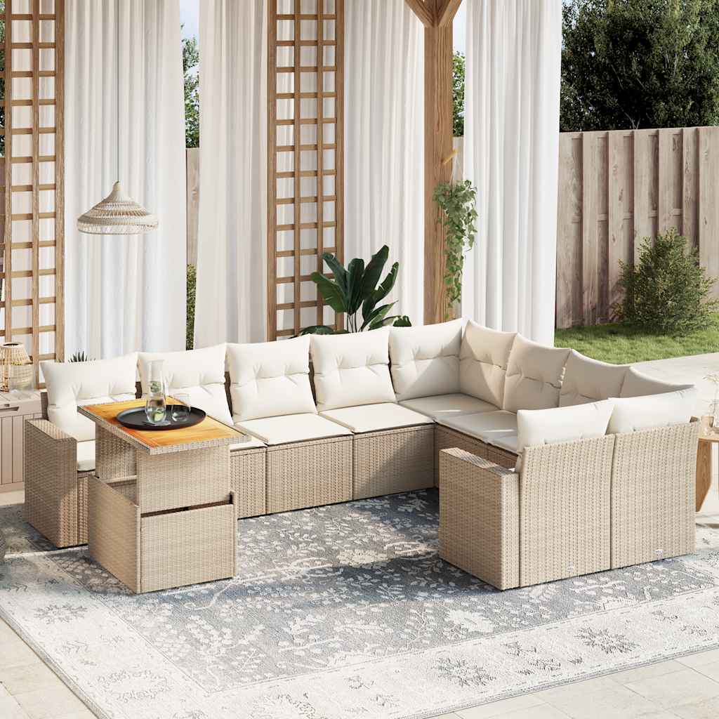 Set Divano da Giardino 10 pz con Cuscini Beige in Polyrattan
