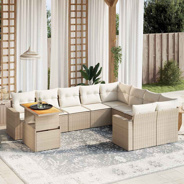 Set Divano da Giardino 10 pz con Cuscini Beige in Polyrattan