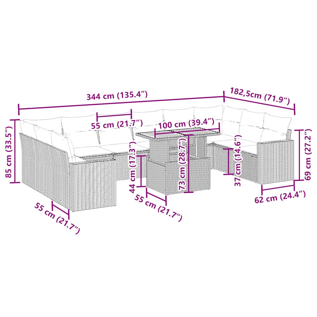 Set Divani da Giardino 11 pz con Cuscini Beige in Polyrattan