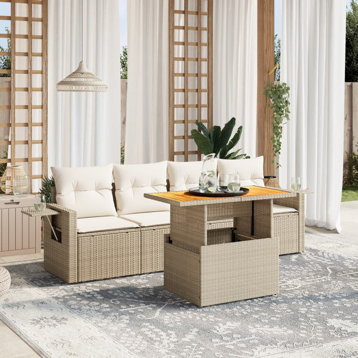 Set Divano da Giardino 5 pz con Cuscini Beige in Polyrattan
