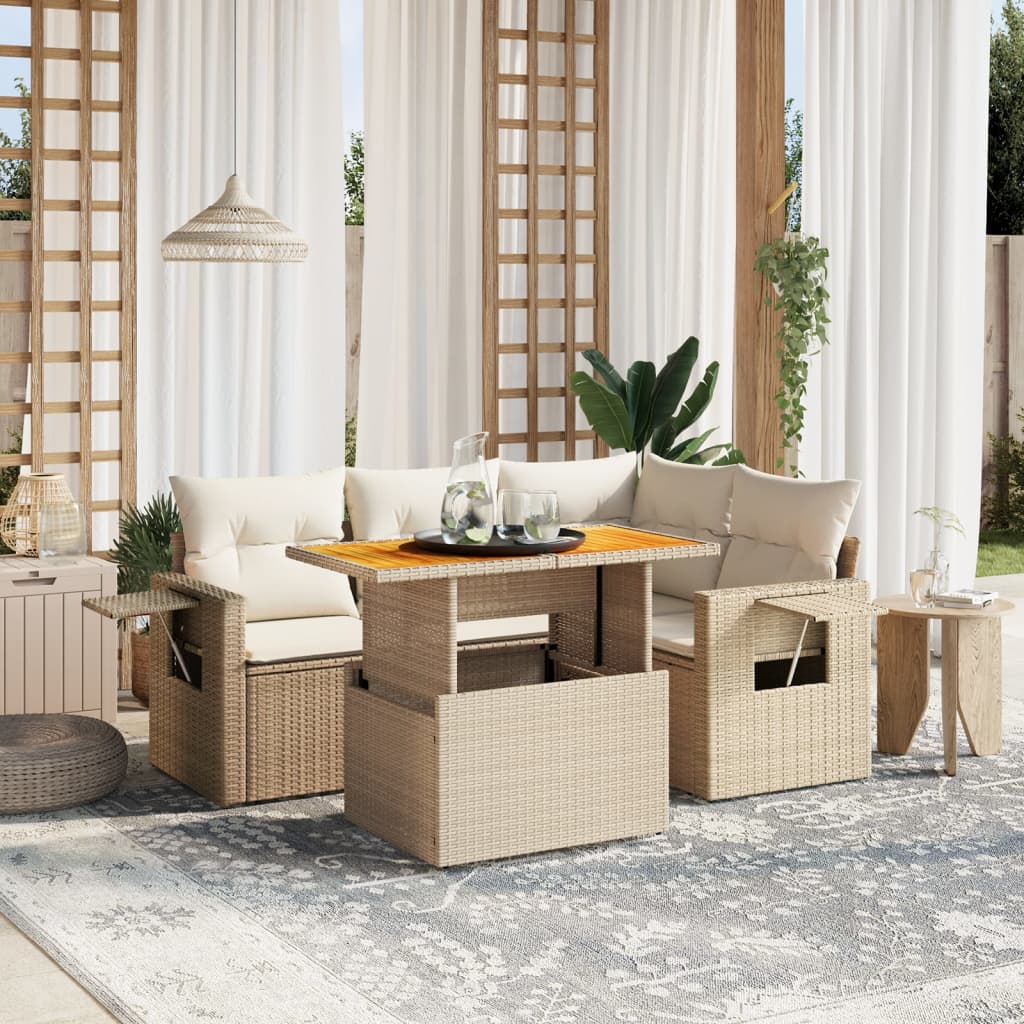 Set Divano da Giardino 5 pz con Cuscini Beige in Polyrattan
