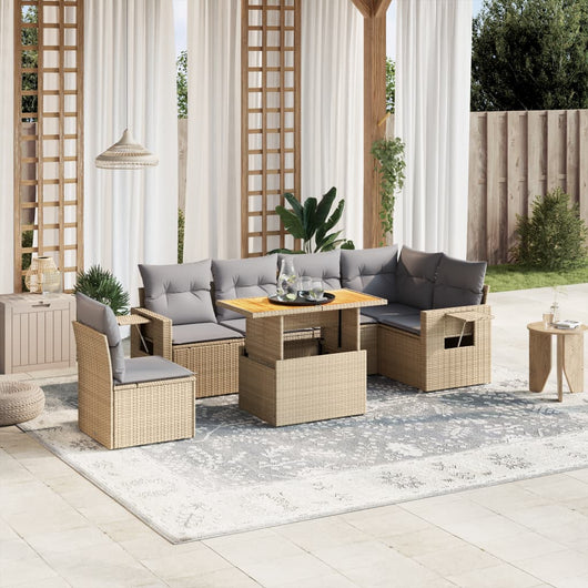Set Divani da Giardino 7 pz con Cuscini Beige in Polyrattan