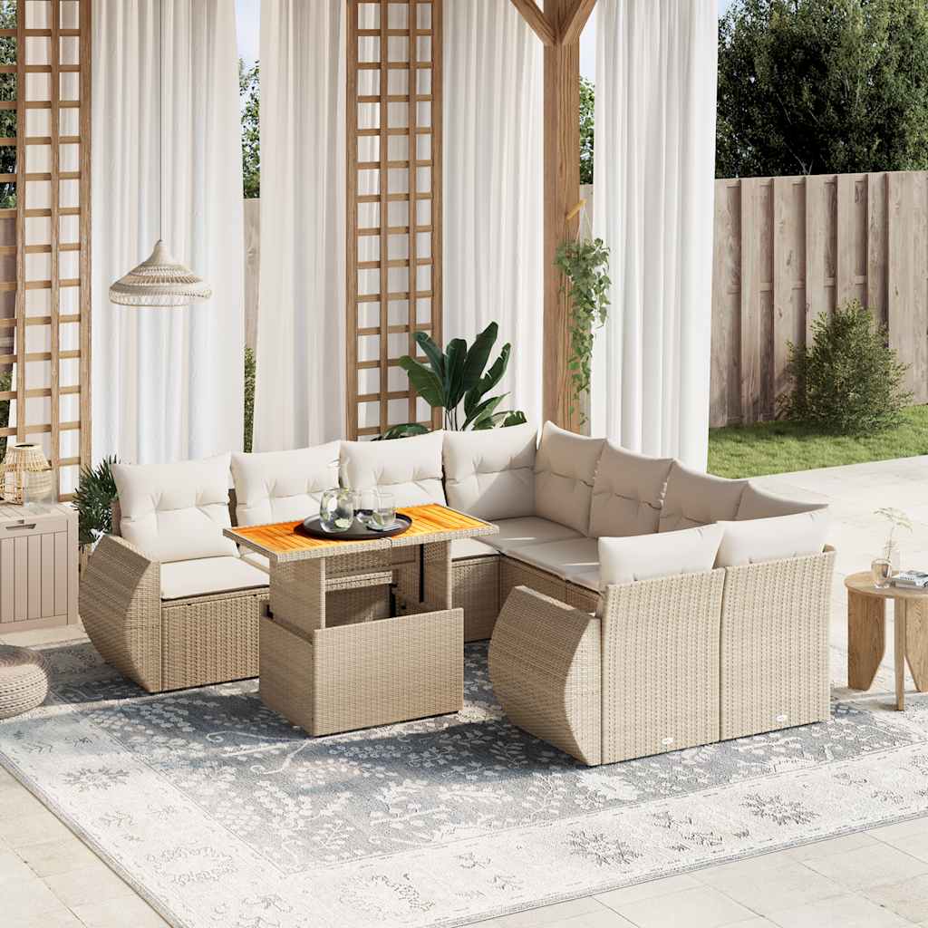 vidaXL Set Divano da Giardino 9 pz con Cuscini Beige in Polyrattan