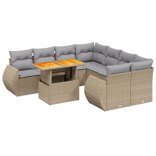 Set Divano da Giardino 9 pz con Cuscini Beige in Polyrattan