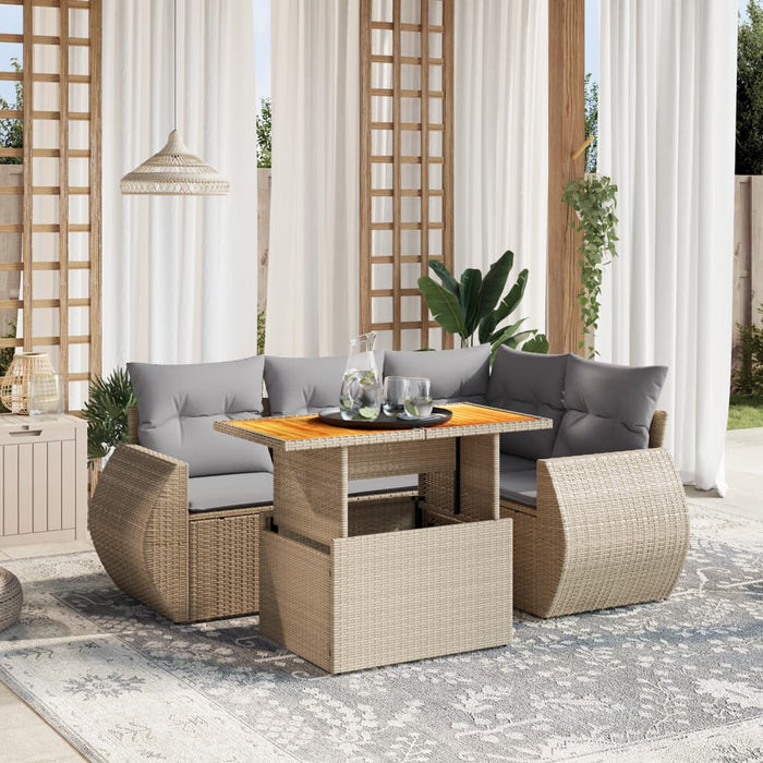 Set Divano da Giardino 5 pz con Cuscini Beige in Polyrattan