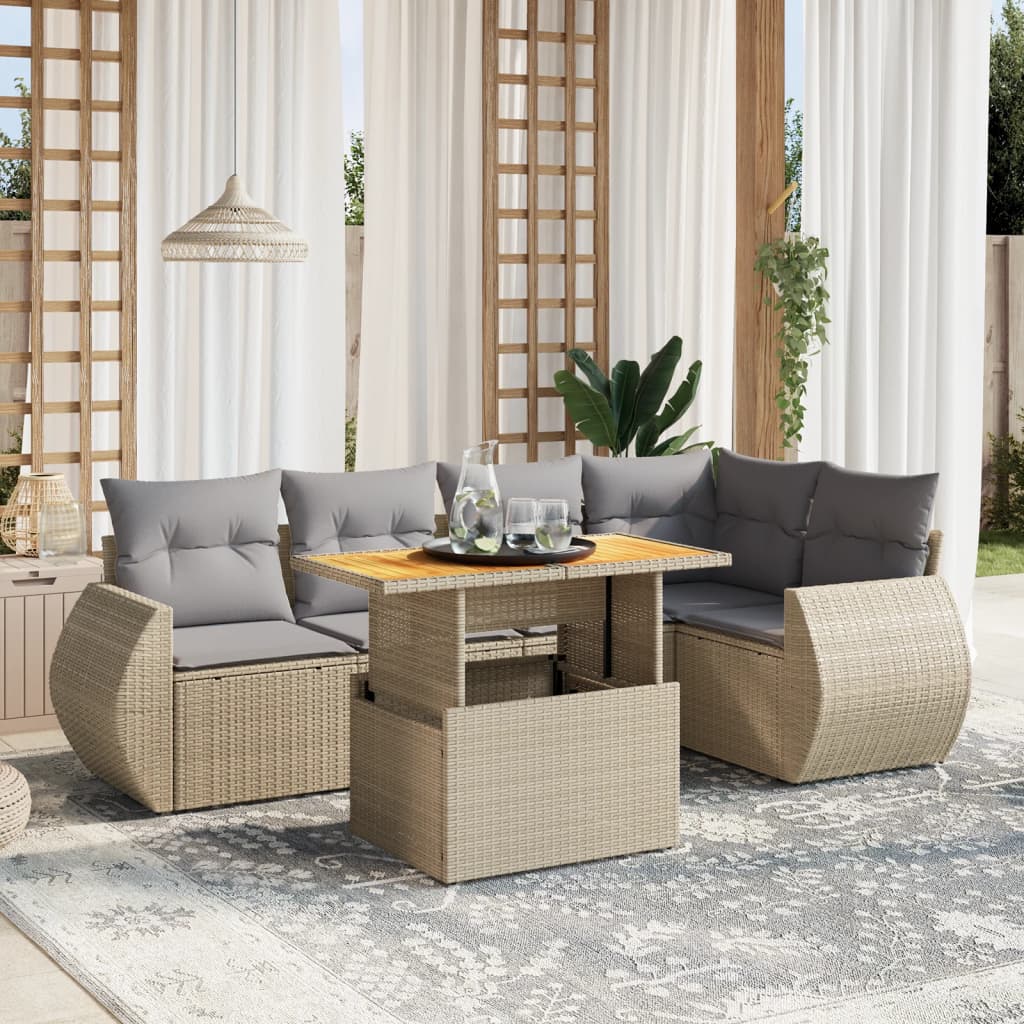 Set Divano da Giardino 6 pz con Cuscini Beige in Polyrattan