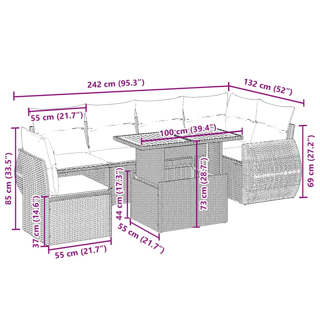 Set Divani da Giardino 7 pz con Cuscini Beige in Polyrattan