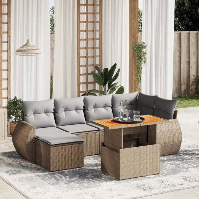 Set Divani da Giardino 7 pz con Cuscini Beige in Polyrattan
