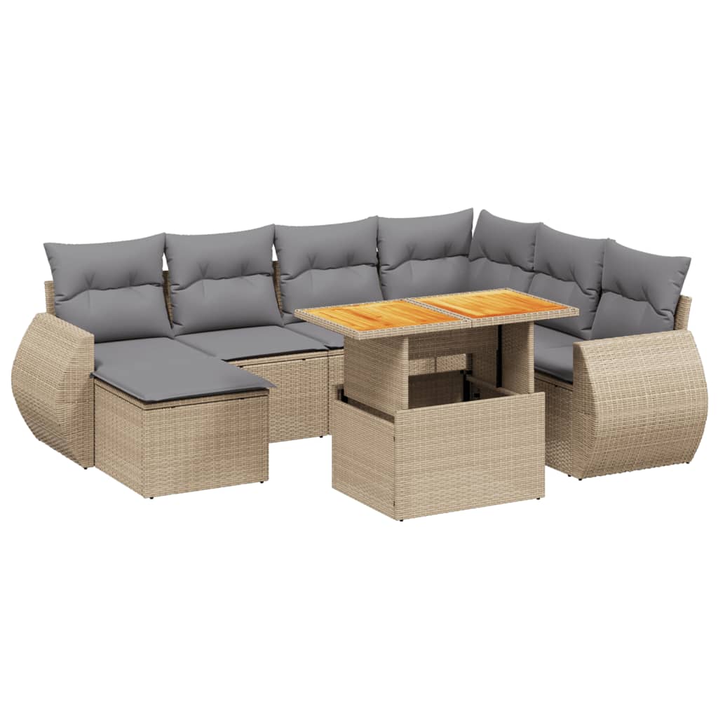Set Divano da Giardino 8 pz con Cuscini Beige in Polyrattan