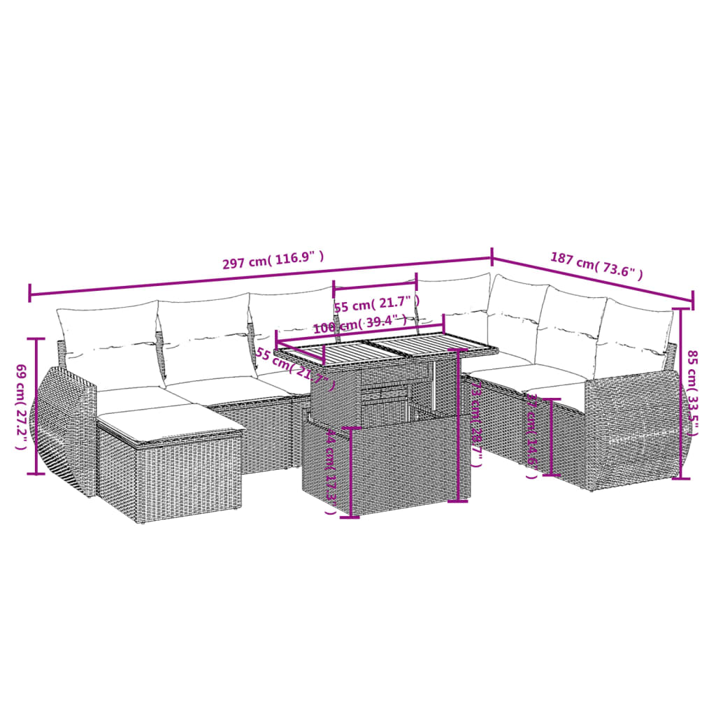 Set Divano da Giardino 9 pz con Cuscini Grigio in Polyrattan 3272334