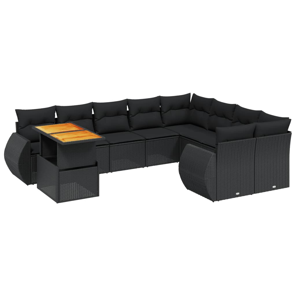 Set Divani da Giardino 10pz con Cuscini in Polyrattan Nero