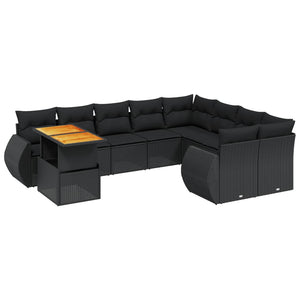Set Divani da Giardino 10pz con Cuscini in Polyrattan Nero