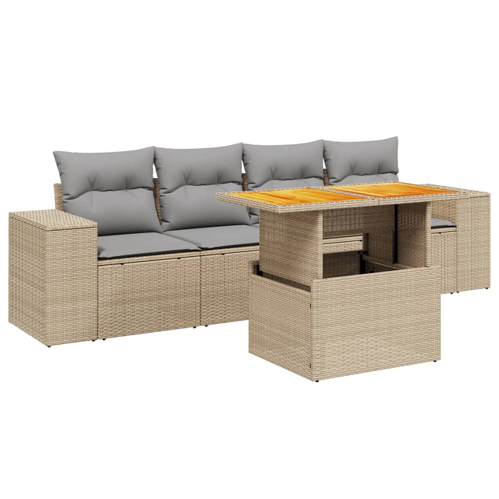 Set Divano da Giardino 5 pz con Cuscini-Sofa da Giardino-Divanetto da esterno Beige in Polyrattan 718779