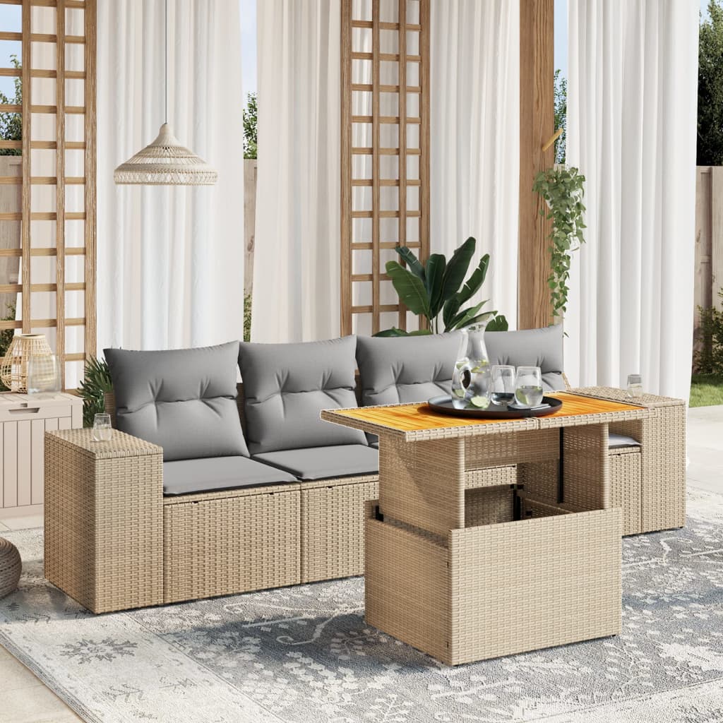 Set Divano da Giardino 5 pz con Cuscini-Sofa da Giardino-Divanetto da esterno Beige in Polyrattan 718779