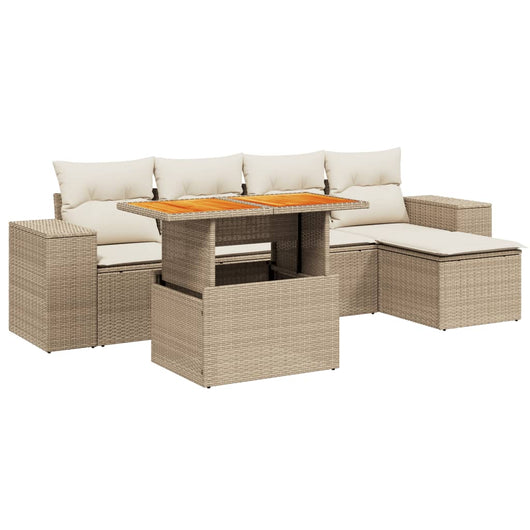 Set Divano da Giardino 6 pz con Cuscini Beige in Polyrattan