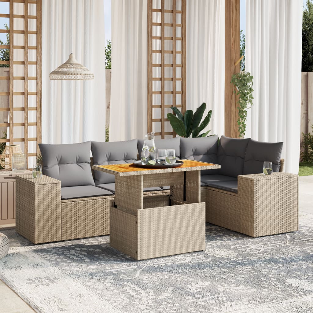 Set Divano da Giardino 6 pz con Cuscini Beige in Polyrattan