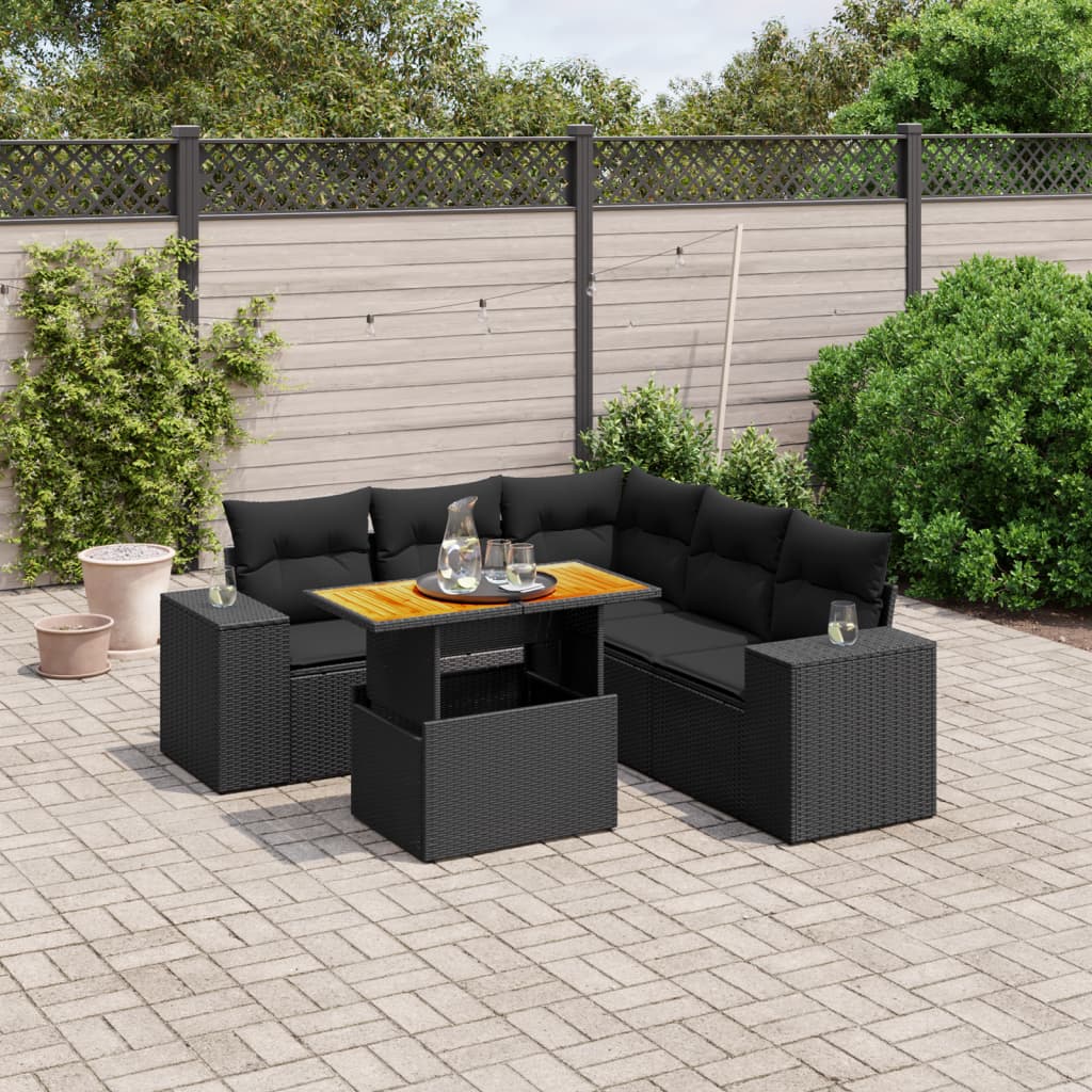 Set Divano da Giardino 6 pz con Cuscini Nero in Polyrattan