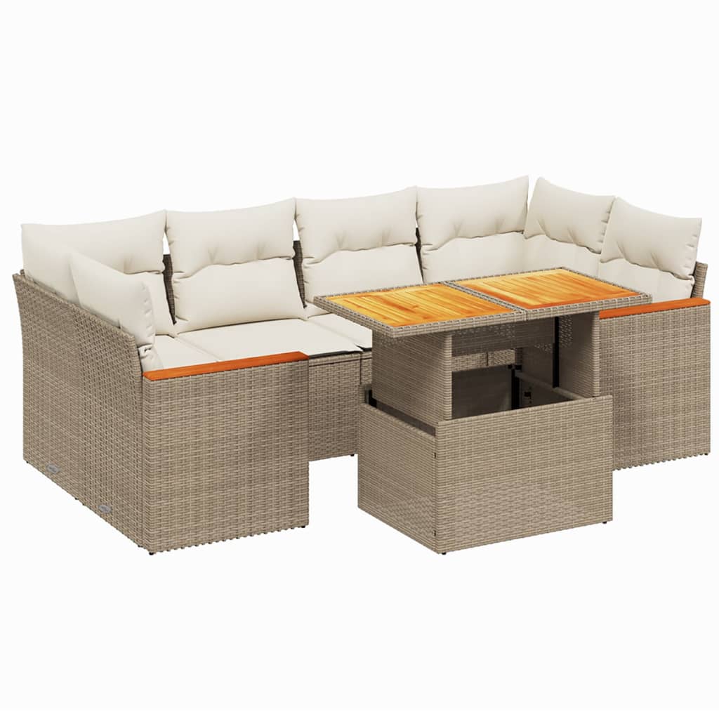 Set Divani da Giardino 7 pz con Cuscini Beige in Polyrattan