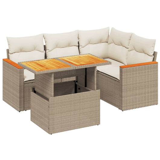 Set Divano da Giardino 5 pz con Cuscini Beige in Polyrattan