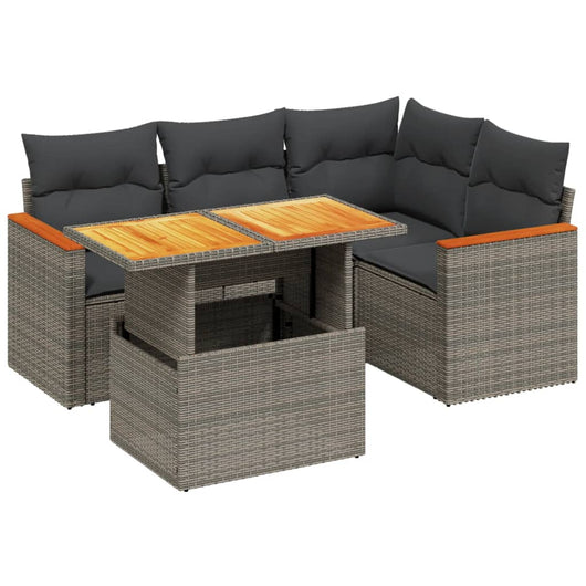 Set Divano da Giardino 5 pz con Cuscini Grigio in Polyrattan