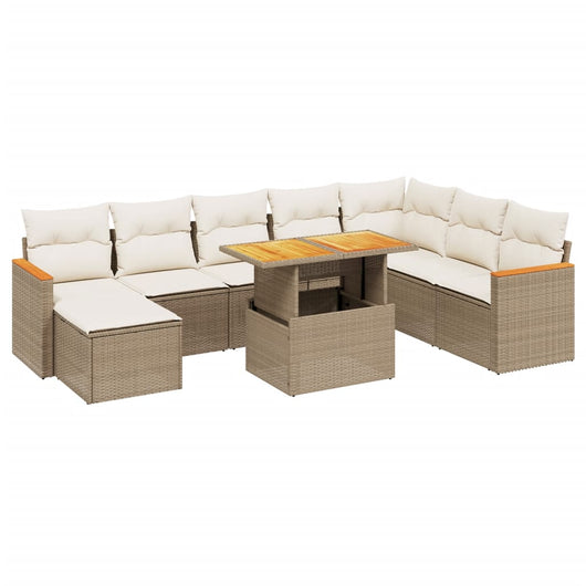 Set Divano da Giardino 9 pz con Cuscini Beige in Polyrattan