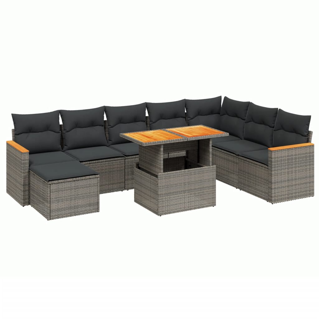 Set Divano da Giardino 9 pz con Cuscini Grigio in Polyrattan