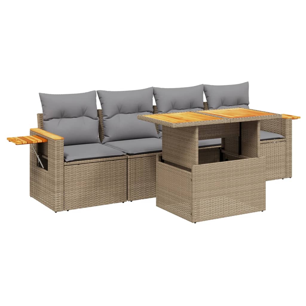 Set Divano da Giardino 5 pz con Cuscini-Sofa da Giardino-Divanetto da esterno Beige in Polyrattan 569416