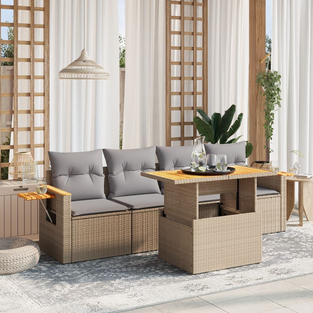 Set Divano da Giardino 5 pz con Cuscini-Sofa da Giardino-Divanetto da esterno Beige in Polyrattan 569416