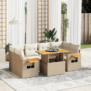 Set Divani da Giardino 7 pz con Cuscini Beige in Polyrattan