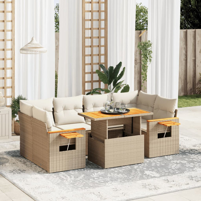 Set Divani da Giardino 7 pz con Cuscini Beige in Polyrattan