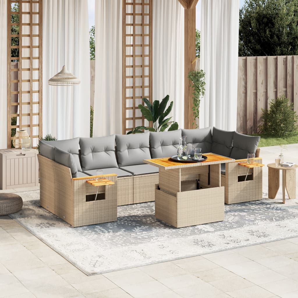 Set Divano da Giardino 8 pz con Cuscini Beige in Polyrattan