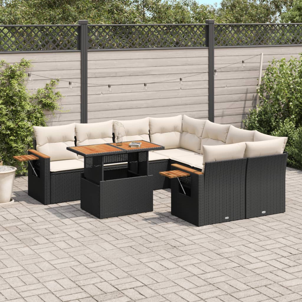Set Divani da Giardino 9 pz con Cuscini Nero in Polyrattan
