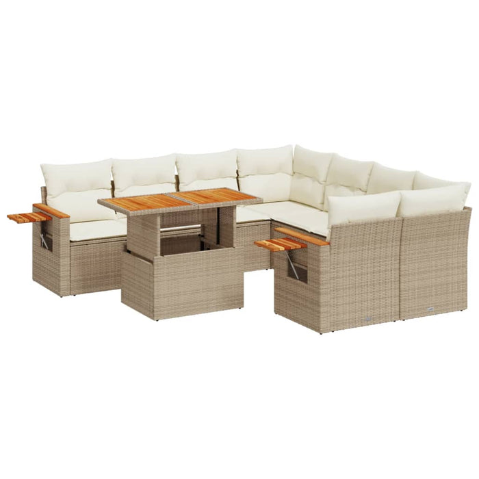 Set Divano da Giardino 9 pz con Cuscini Beige in Polyrattan